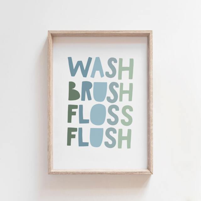 Wash Brush Floss Flush Bathroom Print, Kids Prints, Signs, Decor, Boys Nursery Wall Art - image 1