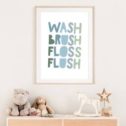 Wash Brush Floss Flush Bathroom Print, Kids Prints, Signs, Decor, Boys Nursery Wall Art - thumbnail 3