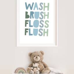 Wash Brush Floss Flush Bathroom Print, Kids Prints, Signs, Decor, Boys Nursery Wall Art - thumbnail 2