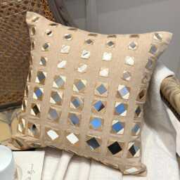 "Cotton Canvas Beige Mirror Work Decorative Pillow Sham, 24""x24""/26""x26" - thumbnail 2