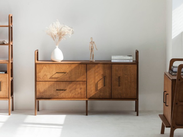 Mid Century Sideboard 143 cm With Drawers & Cabinet, Wooden Credenza, Buffet, Media Console, Handmade Wood Furniture - image 1