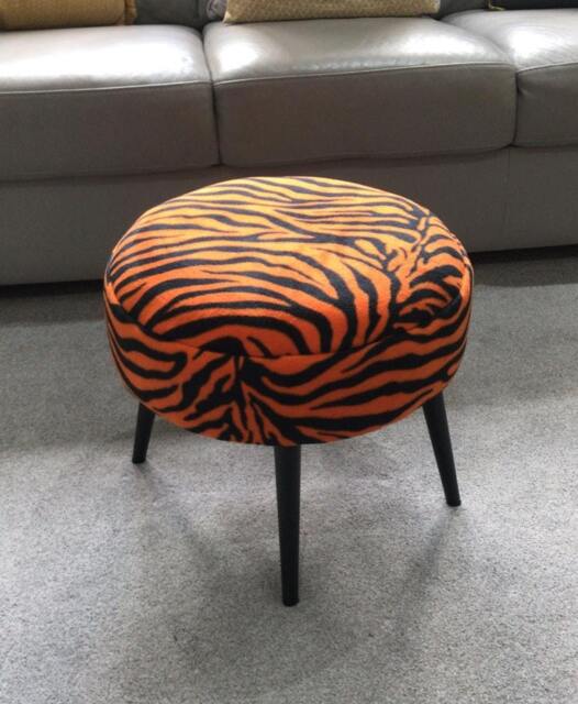 Zebra Print Round Footstool - Black Metal Legs, Urban Jungle Decor - image 1
