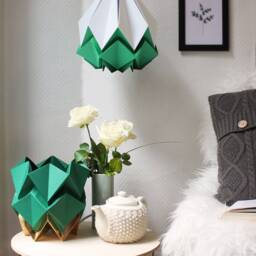 Last Items - Origami Lampshade in White & Forest Green Paper, Medium Size - thumbnail 2