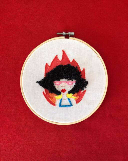 Hand Embroidered Frame With Thread & Gouache - Wall Decoration Modern Embroidery Embroidery Art Embroidered Illustration Fire Girl - image 1