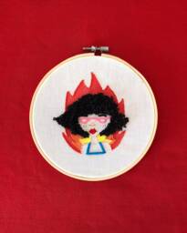 Hand Embroidered Frame With Thread & Gouache - Wall Decoration Modern Embroidery Embroidery Art Embroidered Illustration Fire Girl - thumbnail 1