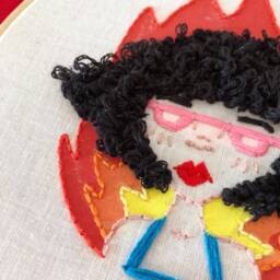 Hand Embroidered Frame With Thread & Gouache - Wall Decoration Modern Embroidery Embroidery Art Embroidered Illustration Fire Girl - thumbnail 2