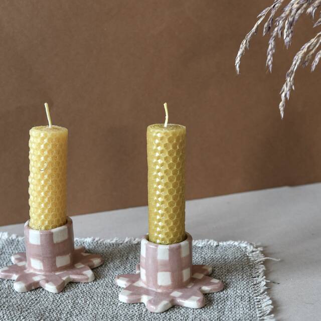 Ceramic Candle Stick Holder With Country Style Gingham Decoration - image 1