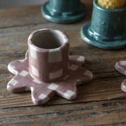 Ceramic Candle Stick Holder With Country Style Gingham Decoration - thumbnail 2