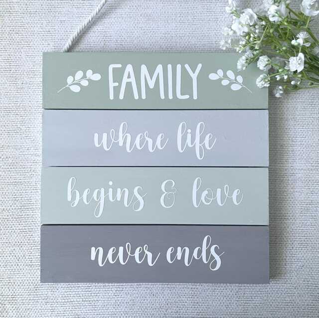 Wooden Family Sign 4 Slat Hanging Wall Plaque Choice Of Colours Green Grey Cream Beige Home Decor Gift - image 1