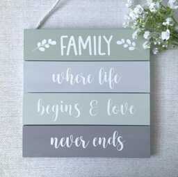 Wooden Family Sign 4 Slat Hanging Wall Plaque Choice Of Colours Green Grey Cream Beige Home Decor Gift - thumbnail 1