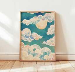 Moon & Clouds Poster, Celestial Sky Print, Asian Wall Art - thumbnail 1