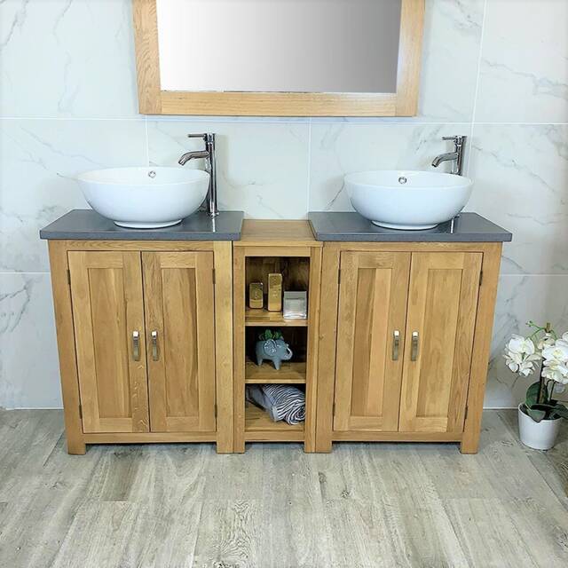 Bathroom Vanity Unit - Sink Washstand Slimline Oak With Grey Quartz Worktop & Sit On Basins Taps Plugs Included - image 1