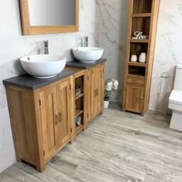 Bathroom Vanity Unit - Sink Washstand Slimline Oak With Grey Quartz Worktop & Sit On Basins Taps Plugs Included - thumbnail 3