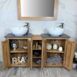 Bathroom Vanity Unit - Sink Washstand Slimline Oak With Grey Quartz Worktop & Sit On Basins Taps Plugs Included - thumbnail 2