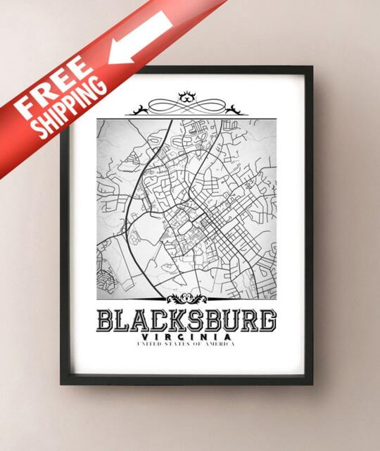 Blacksburg Virginia Map Art Print Vintage Black & White City Decor - image 1