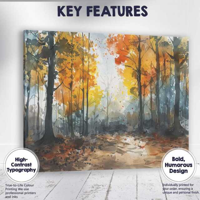Autumn Woodland Watercolour Forest Path Landscape Canvas Wall Art Print Decor Picture Ready To Hang - image 1
