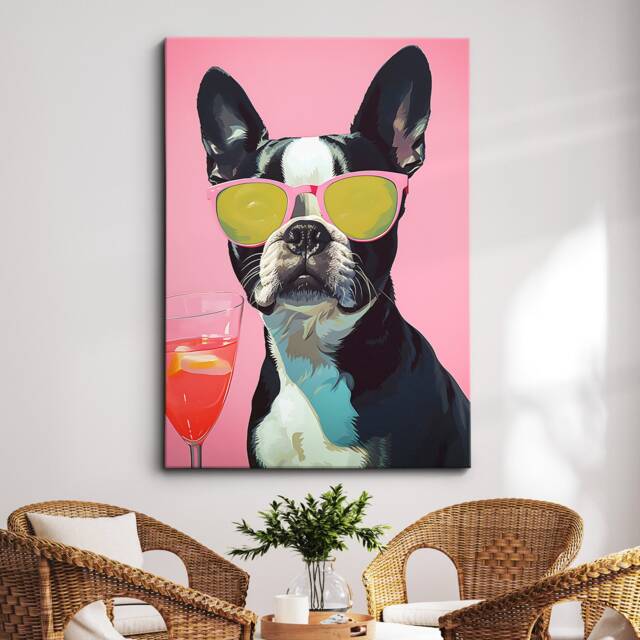 Vibrant Boston Terrier Drink With Glasses Painting Framed Poster Print & Canvas Wall Decor Art Bedroom Home Interior Dog Lover Gift - image 1