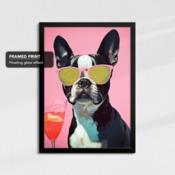 Vibrant Boston Terrier Drink With Glasses Painting Framed Poster Print & Canvas Wall Decor Art Bedroom Home Interior Dog Lover Gift - thumbnail 2