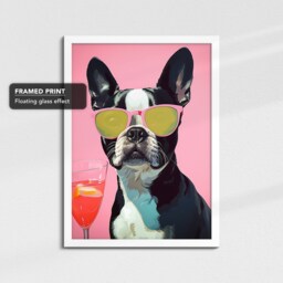 Vibrant Boston Terrier Drink With Glasses Painting Framed Poster Print & Canvas Wall Decor Art Bedroom Home Interior Dog Lover Gift - thumbnail 3