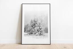 Winter Print Trees Photo, Snowy Forest Landscape, Black & White Christmas Art, Holiday Wall Decor, Ski Lodge Digital Download - thumbnail 1