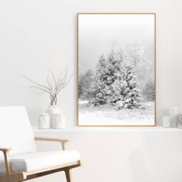 Winter Print Trees Photo, Snowy Forest Landscape, Black & White Christmas Art, Holiday Wall Decor, Ski Lodge Digital Download - thumbnail 2