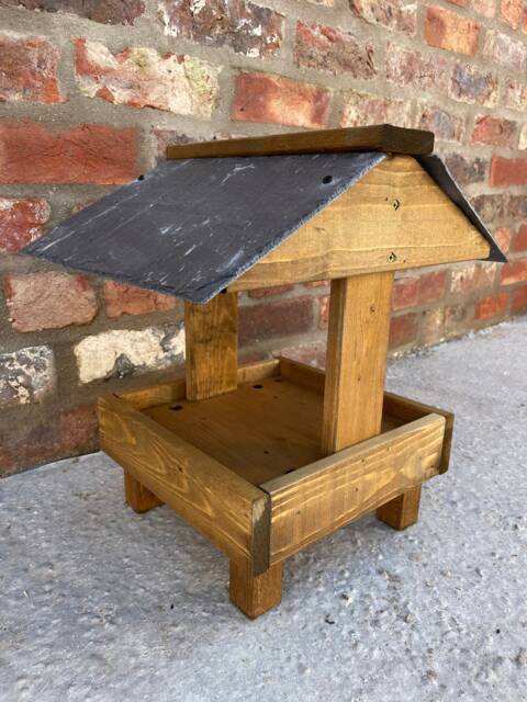 Wooden Ground Wild Garden Bird Table Feeder With Slate Roof Ready-Made - image 1