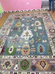 Handmade Wool Oushak Rug, Pink Multicolor Floral Design, Traditional Turkish Area Carpet - thumbnail 1