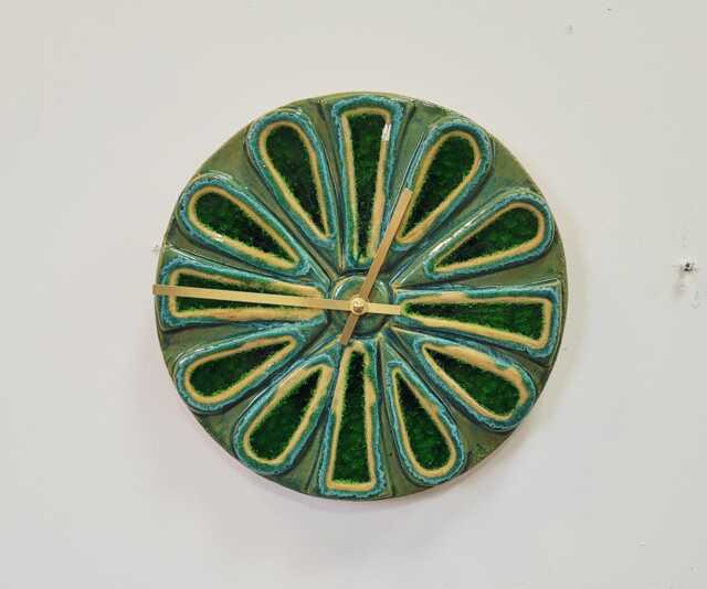 Unusual Hand Made Circular Round Green Glazed Wall Clock With Inlaid Glass 25 cm Diameter - image 1