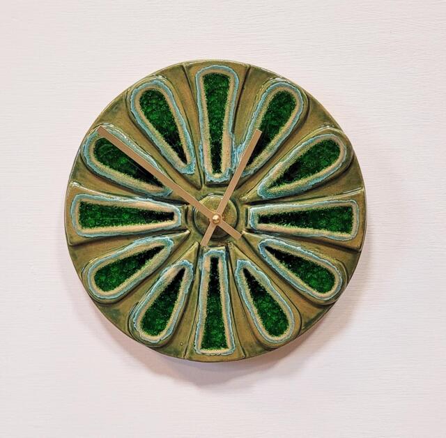 Unusual Hand Made Circular Round Green Glazed Wall Clock With Inlaid Glass 25 cm Diameter - image 1