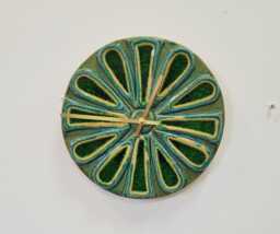 Unusual Hand Made Circular Round Green Glazed Wall Clock With Inlaid Glass 25 cm Diameter