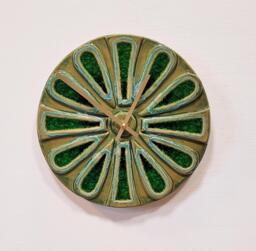 Unusual Hand Made Circular Round Green Glazed Wall Clock With Inlaid Glass 25 cm Diameter - thumbnail 1