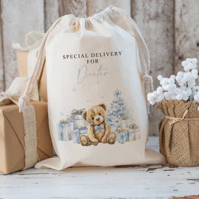 Large Christmas Sack - Personalised Xmas Santa Toy Bag For Boys With Festive Bear Design - image 1