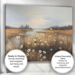 Serene Lakeside Daisy Meadow Impressionist Landscape Canvas Wall Art Print Decor Picture Ready To Hang - thumbnail 3