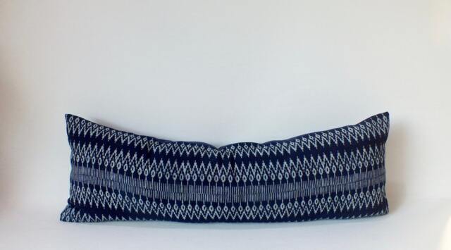 Blue Batik Hmong Pillow Cover, Handprinted Indigo Lumbar Cushion - image 1