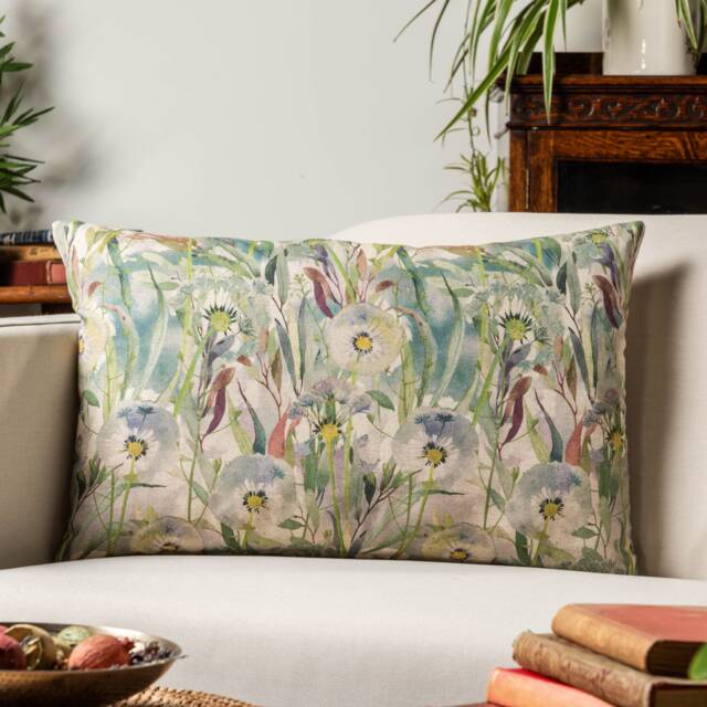 Watercolour Dandelion Linen Blend Xl Rectangular Cushion. Teal Blue, Greens & Yellow Floral Garden Design. 23X15 - image 1