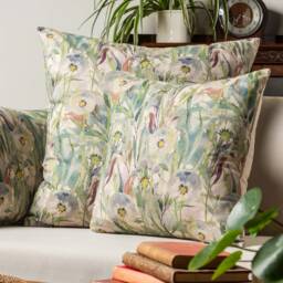 Watercolour Dandelion Linen Blend Xl Rectangular Cushion. Teal Blue, Greens & Yellow Floral Garden Design. 23X15 - thumbnail 3