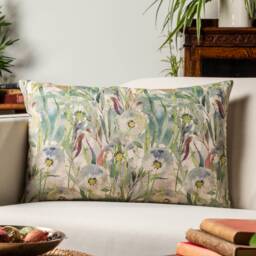 Watercolour Dandelion Linen Blend Xl Rectangular Cushion. Teal Blue, Greens & Yellow Floral Garden Design. 23X15