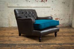 British Handmade Black Leather Chesterfield Lounge Chair - Teal Blue Velvet Cushion - thumbnail 1