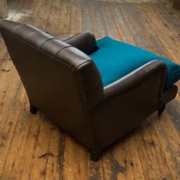 British Handmade Black Leather Chesterfield Lounge Chair - Teal Blue Velvet Cushion - thumbnail 3