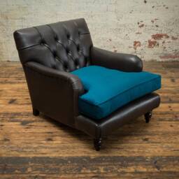 British Handmade Black Leather Chesterfield Lounge Chair - Teal Blue Velvet Cushion - thumbnail 2