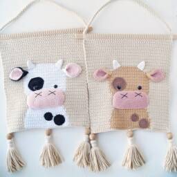 Cow Crochet Wall Hanging For Nursery Baby Farm Animal Decor Cotton Art Kids Bedroom Birthday Gift Baby Shower - thumbnail 3