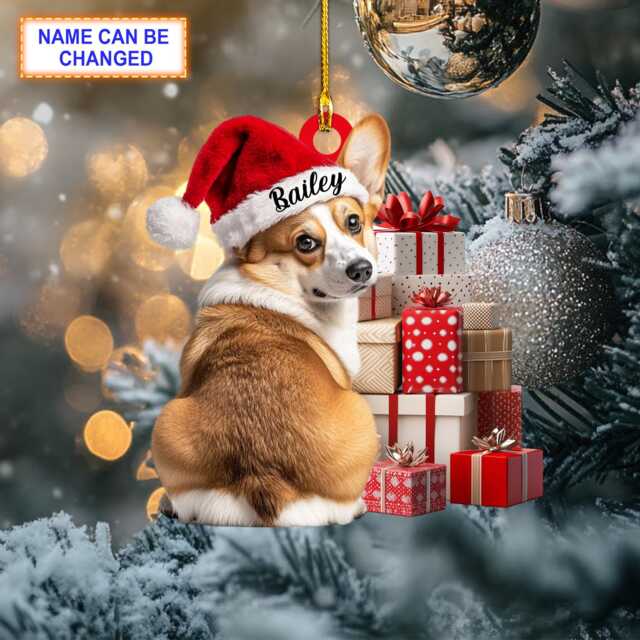 Custom Name Cute Sitting Corgi Dog With Santa Hat Christmas Gift Box Ornament, Tree Hanging Decor, Flat 2D Ornament - image 1