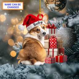 Custom Name Cute Sitting Corgi Dog With Santa Hat Christmas Gift Box Ornament, Tree Hanging Decor, Flat 2D Ornament