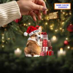 Custom Name Cute Sitting Corgi Dog With Santa Hat Christmas Gift Box Ornament, Tree Hanging Decor, Flat 2D Ornament - thumbnail 2
