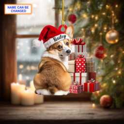 Custom Name Cute Sitting Corgi Dog With Santa Hat Christmas Gift Box Ornament, Tree Hanging Decor, Flat 2D Ornament - thumbnail 3