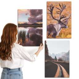 Canvas Wall Art Set Of 3 - Mountain Landscapes With Reindeer & A Road in Nature, Brown Art, Decor - thumbnail 2