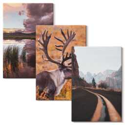Canvas Wall Art Set Of 3 - Mountain Landscapes With Reindeer & A Road in Nature, Brown Art, Decor - thumbnail 1