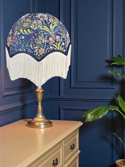 Handmade William Morris Floral Fabric Dome Lamp Shades Navy Blue Braid, Cream Fringe, Handcrafted in Great Britain By British Artisans - image 1