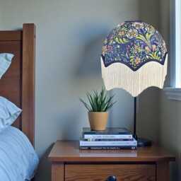 Handmade William Morris Floral Fabric Dome Lamp Shades Navy Blue Braid, Cream Fringe, Handcrafted in Great Britain By British Artisans - thumbnail 3