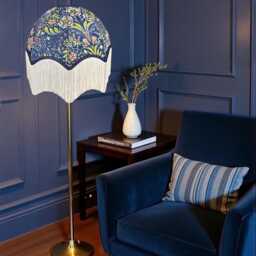 Handmade William Morris Floral Fabric Dome Lamp Shades Navy Blue Braid, Cream Fringe, Handcrafted in Great Britain By British Artisans - thumbnail 2